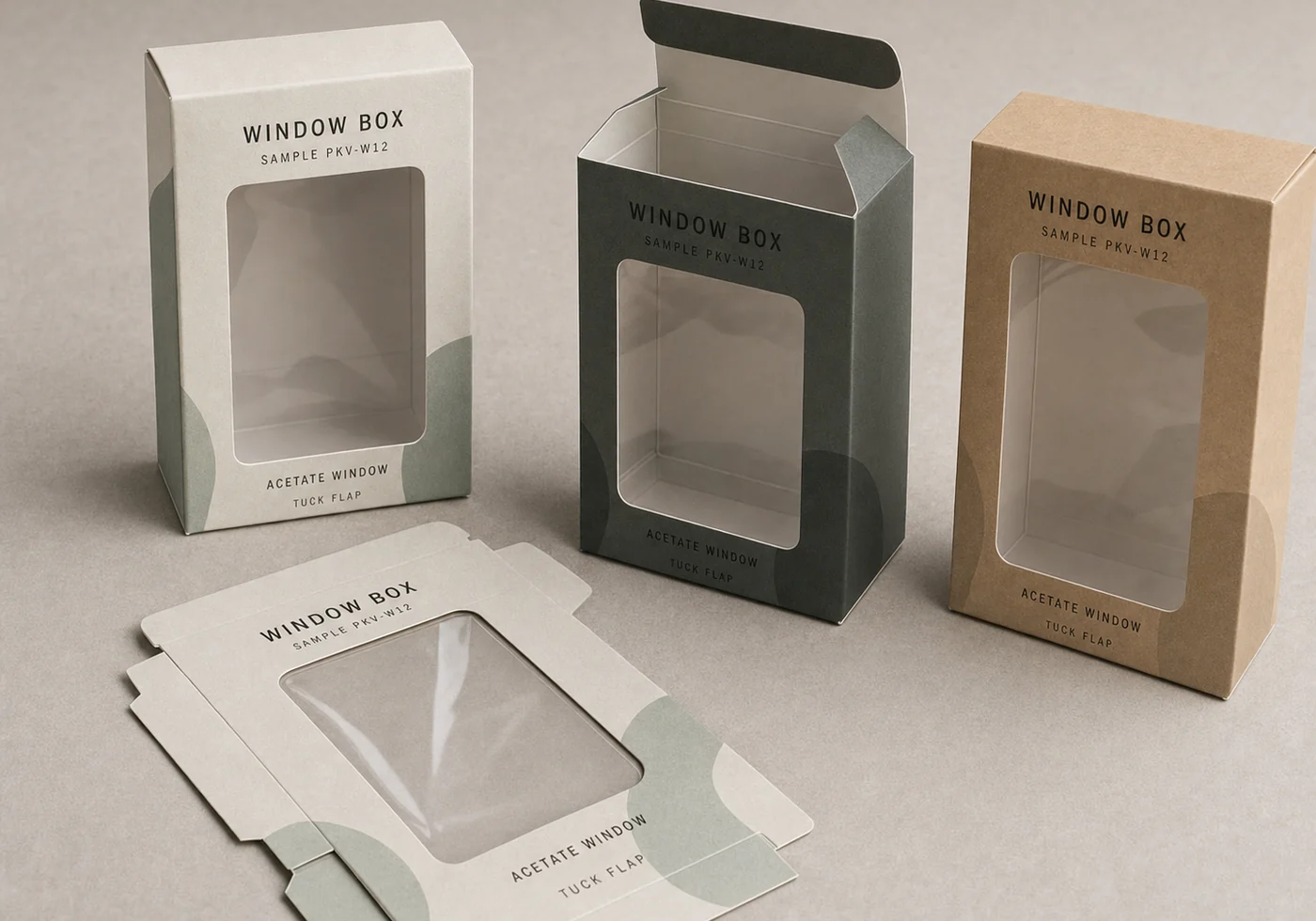 Retail window box samples with acetate windows, tuck flaps, and kraft paperboard option