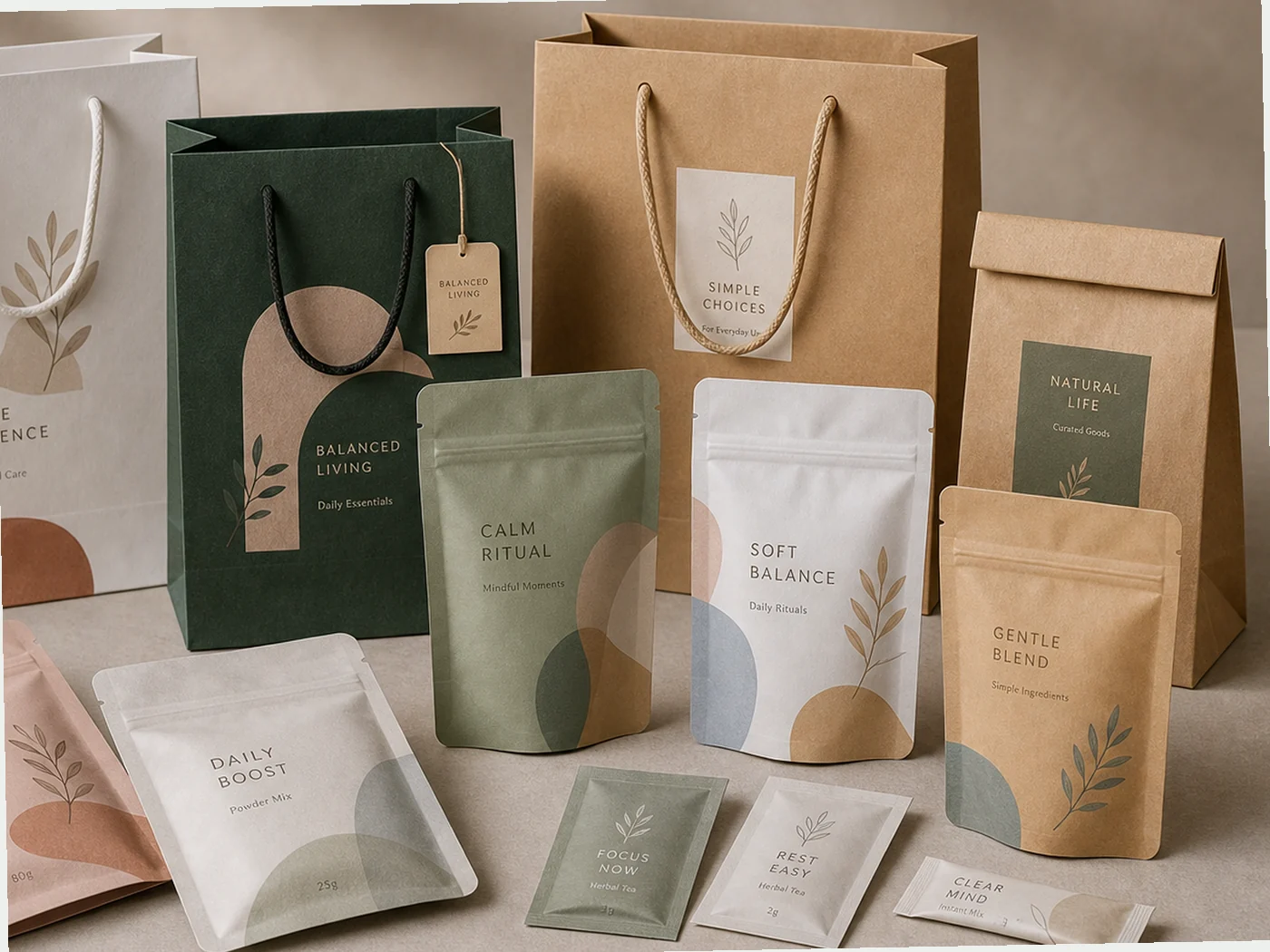 Custom flexible pouch and paper bag packaging set for retail product presentation