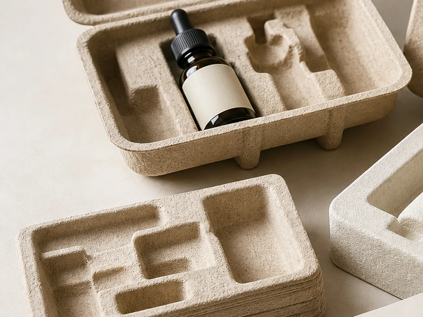 Fiber molded pulp tray packaging with formed protective cavities