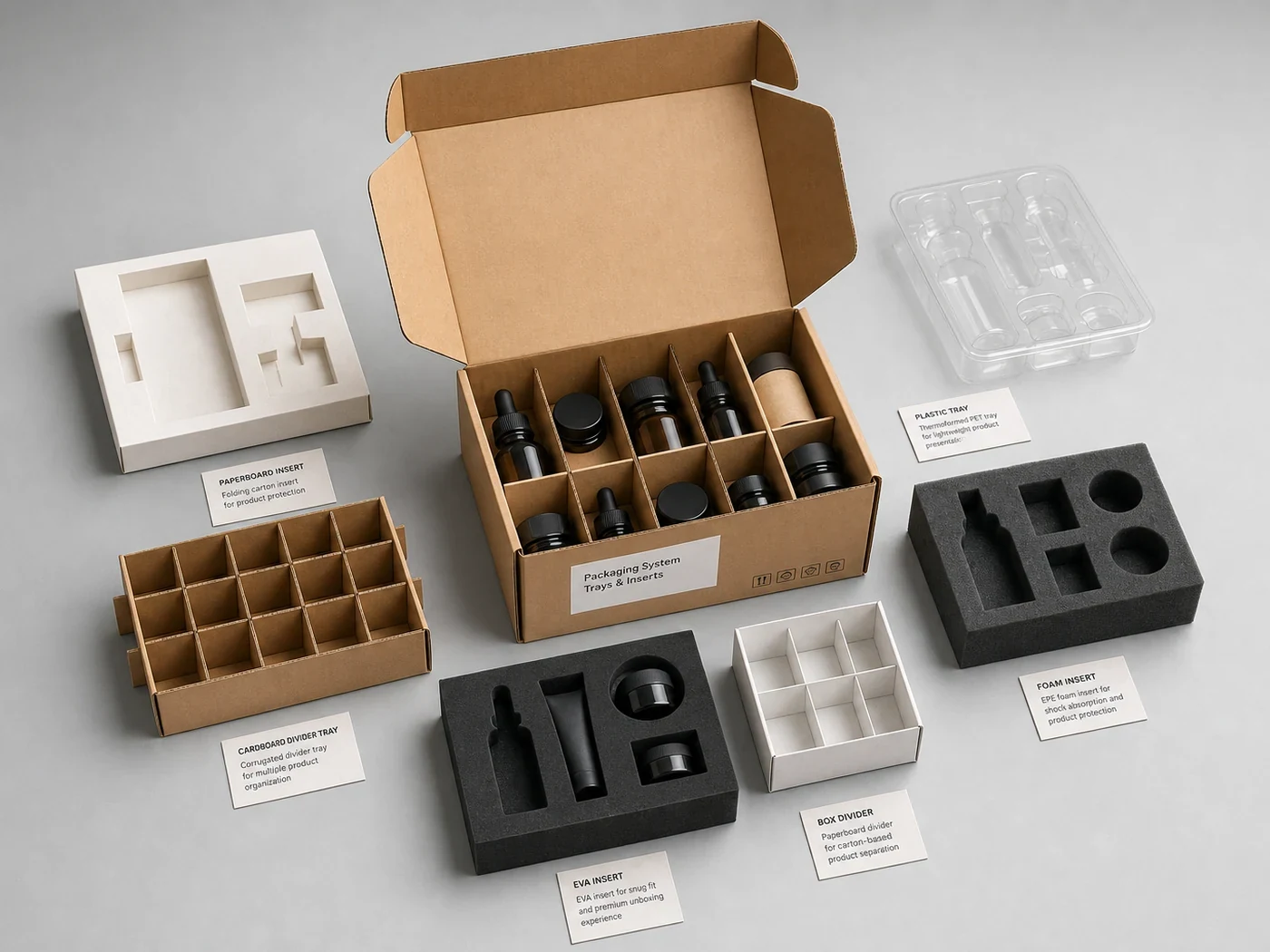 Open box packaging with paper insert and protective filler