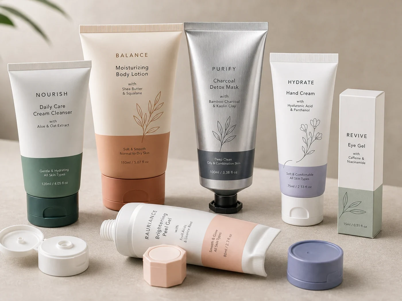 Cosmetic tube, pouch, and box packaging components for tube packaging projects