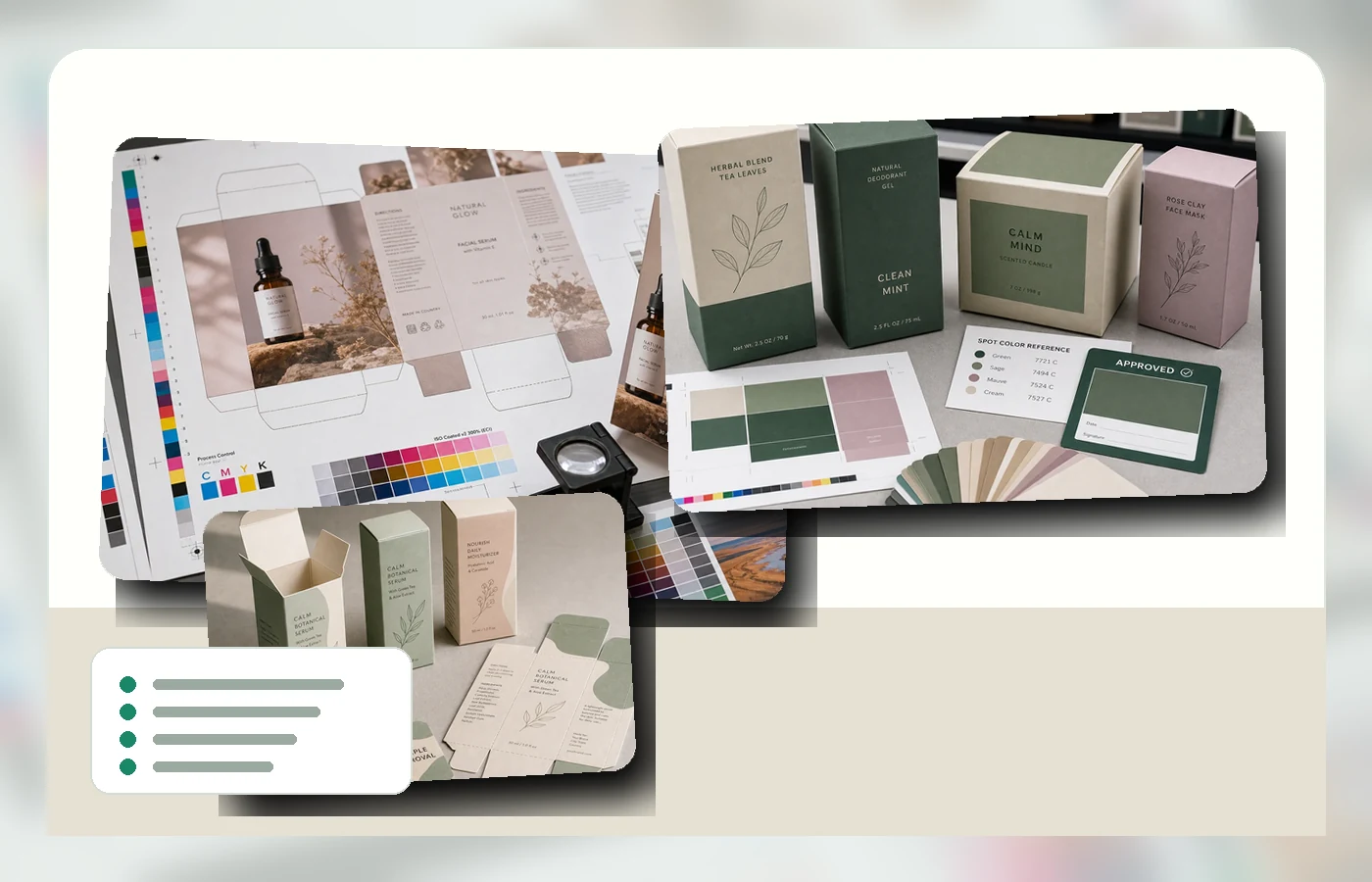 Packaging artwork and dieline preparation scene with print proofs, color references and folding carton sample