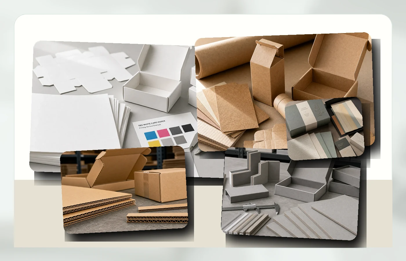 Paperboard material swatches, kraft paper, corrugated board and folding carton samples for custom packaging selection