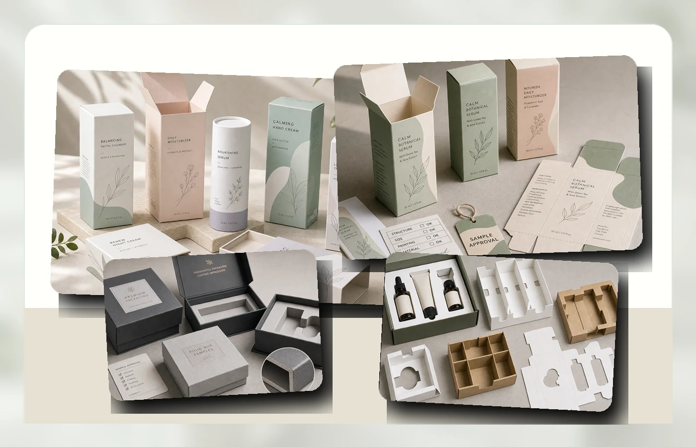 Cosmetic packaging structure samples with folding cartons, rigid box and paperboard insert options