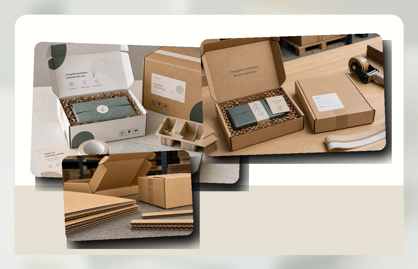 Export packaging scene with corrugated shipping cartons, ecommerce mailer and protective packing setup