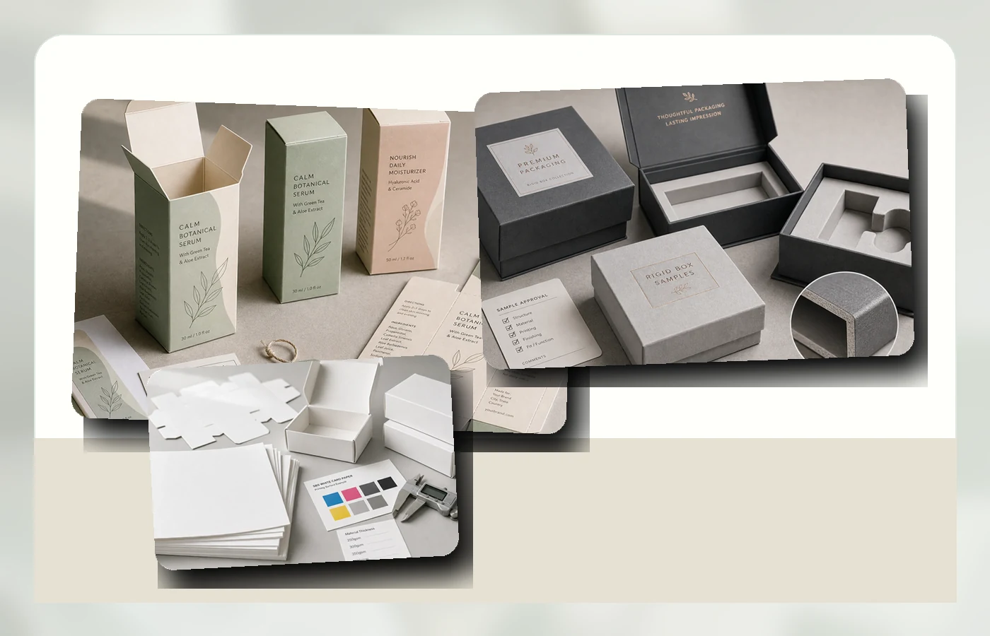 Folding carton and rigid box packaging samples compared with paperboard structure details
