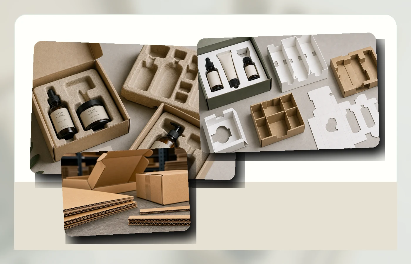 Protective packaging insert samples with molded pulp, paperboard inserts and corrugated support pieces