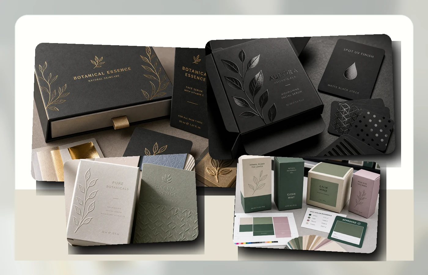 Packaging finish sample set with foil stamping, spot UV, embossing and printed paperboard proofs