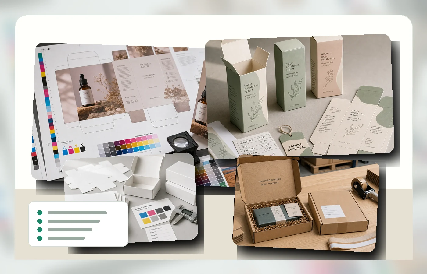 Packaging RFQ preparation scene with carton samples, print proof, material swatches and quote checklist